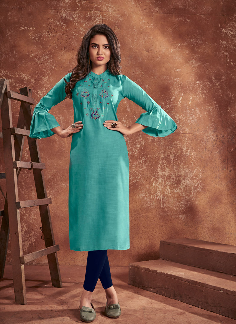 Blue Cotton Kurti With Heavy Embroidery Work