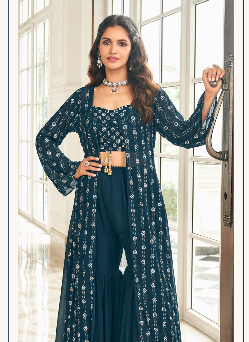 Blue Fox Georgette Sharara Suit With Embroidery Work