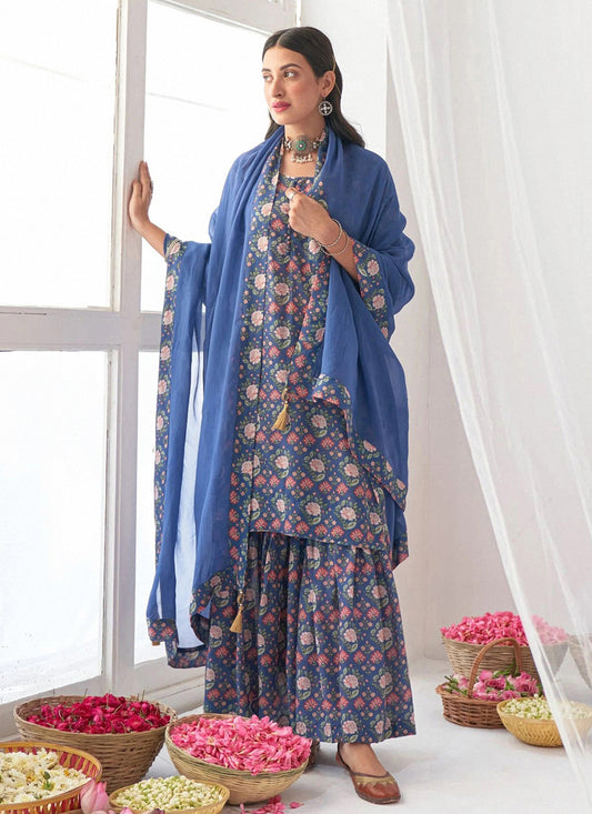 Blue Muslin Palazzo Suit With Print Work