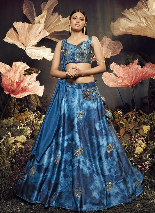 Blue Velvet Lehenga Choli with Mirror & Sequins Work