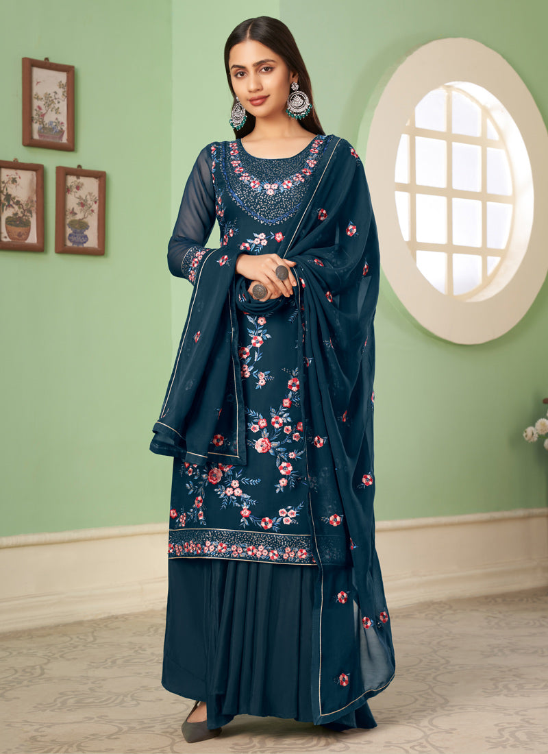 Blue Georgette Salwar Kameez With Embroidery & Sequins