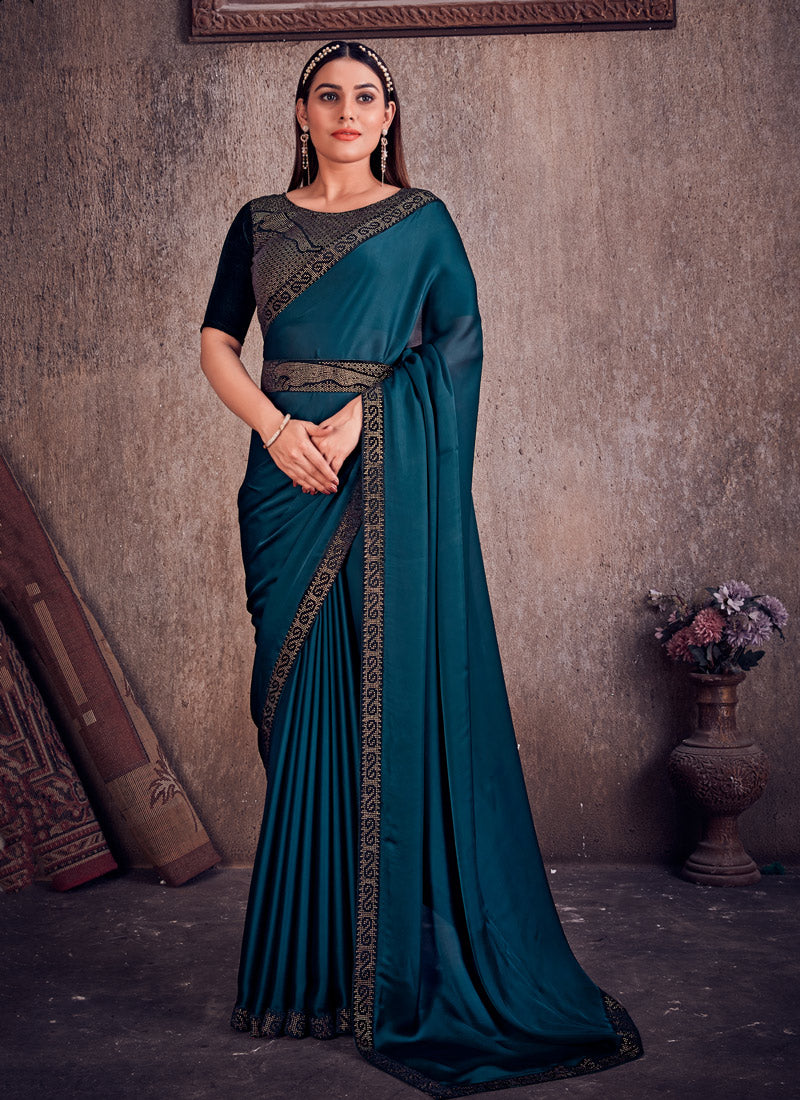 Blue Saree With Heavy Work Borders