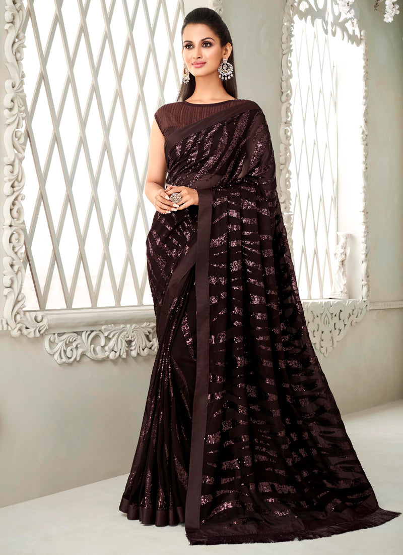 Brown Georgette Party Wear Saree With Sequins Work
