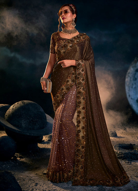 Brown Net Saree With Heavy Embroidery with Sequins, Thread & Zari Work