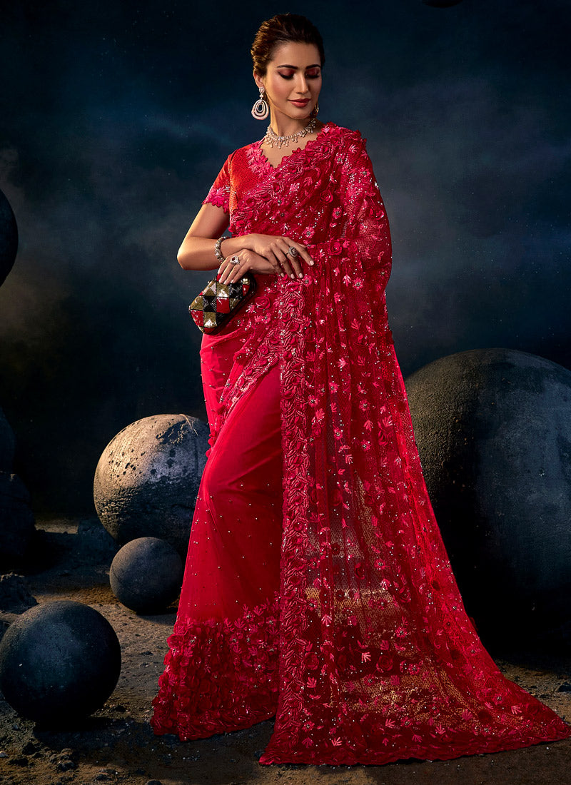 Red Net Saree With Heavy Embroidery with Sequins, Thread & Zari Work