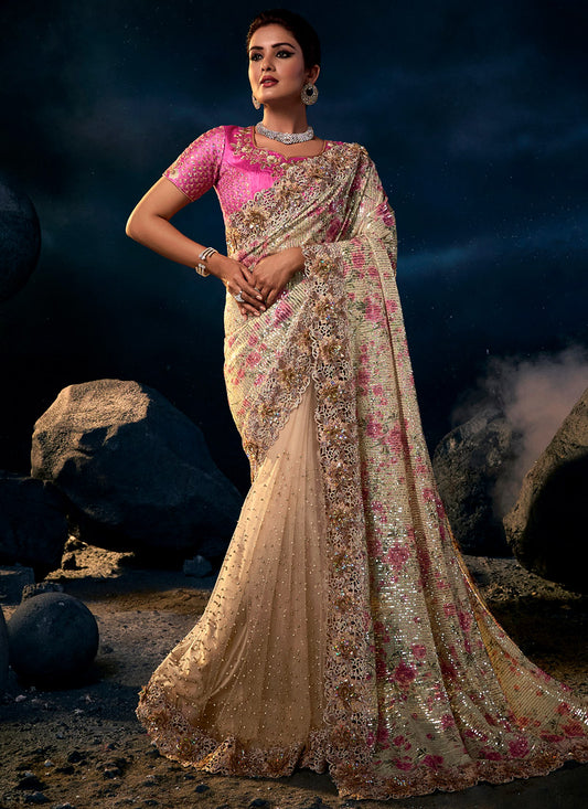Cream Net Saree With Heavy Embroidery with Sequins, Thread & Zari Work