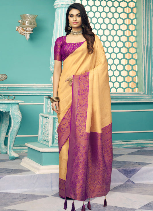 Cream and Purple Silk Pattu Saree