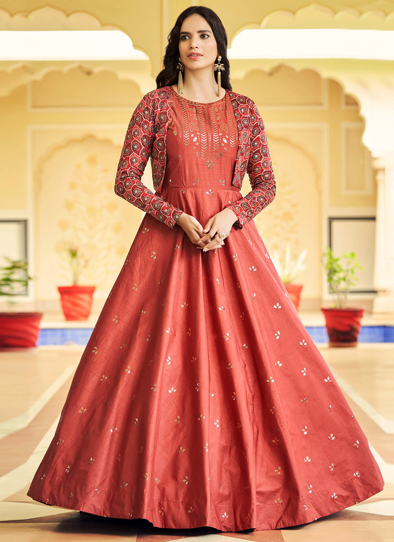 Dusty Orange Sequince Embroidered Work Anarkali Gown