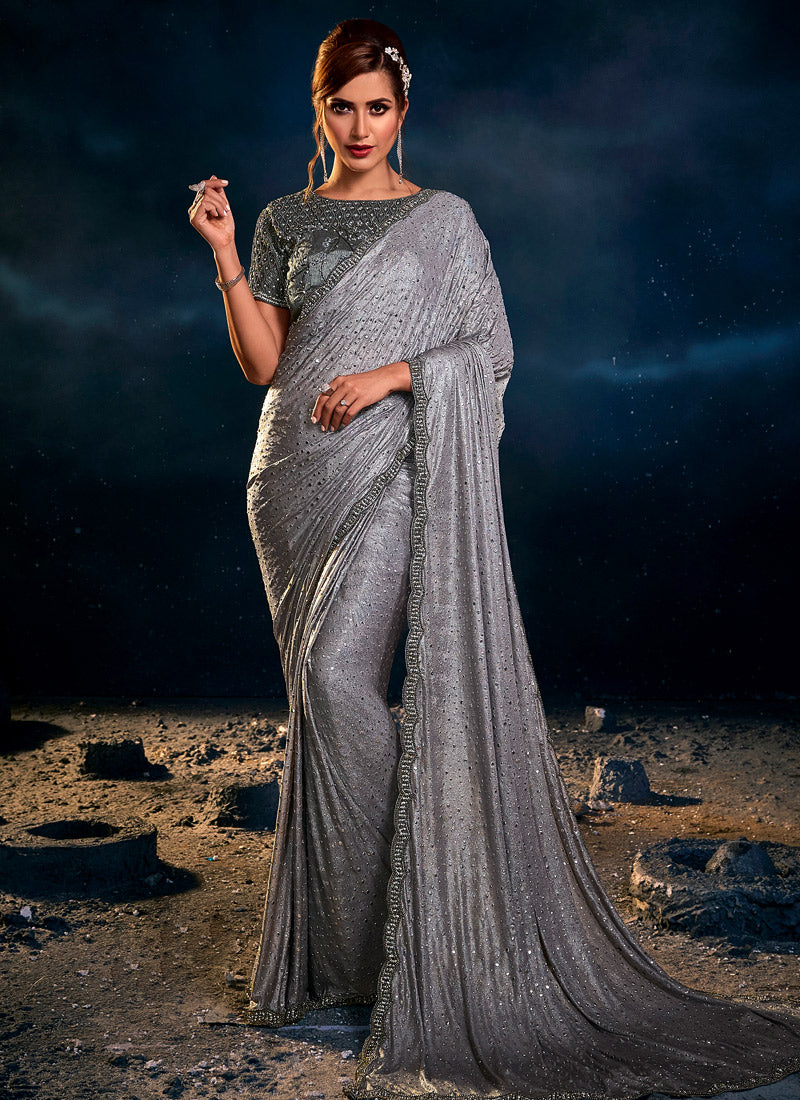 Gray Net Saree With Heavy Embroidery with Sequins, Thread & Zari Work