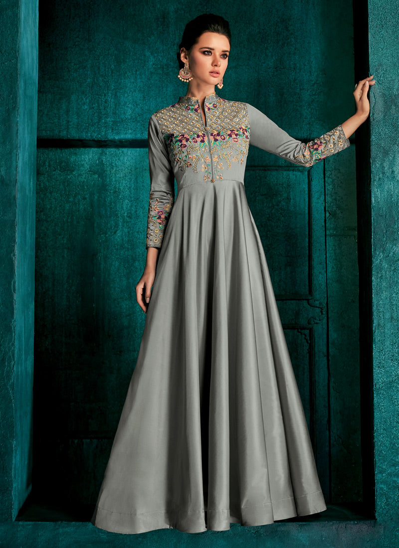 Gray Silk Indo Western Gown