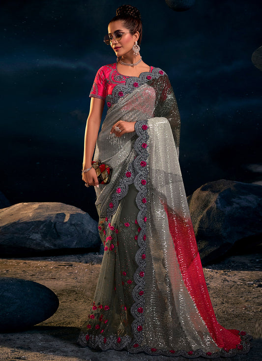 Gray Net Saree With Heavy Embroidery with Sequins, Thread & Zari Work