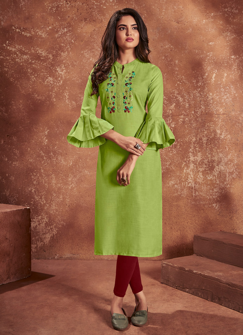 Green Cotton Kurti With Heavy Embroidery Work