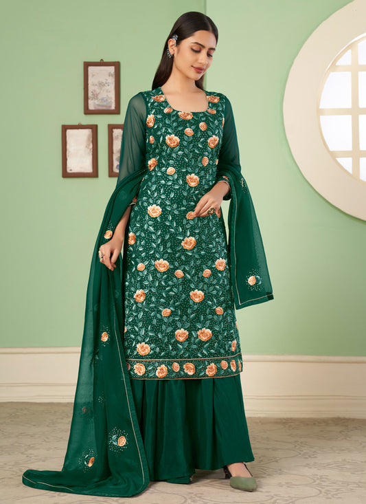 Green Georgette Salwar Kameez With Embroidery & Sequins