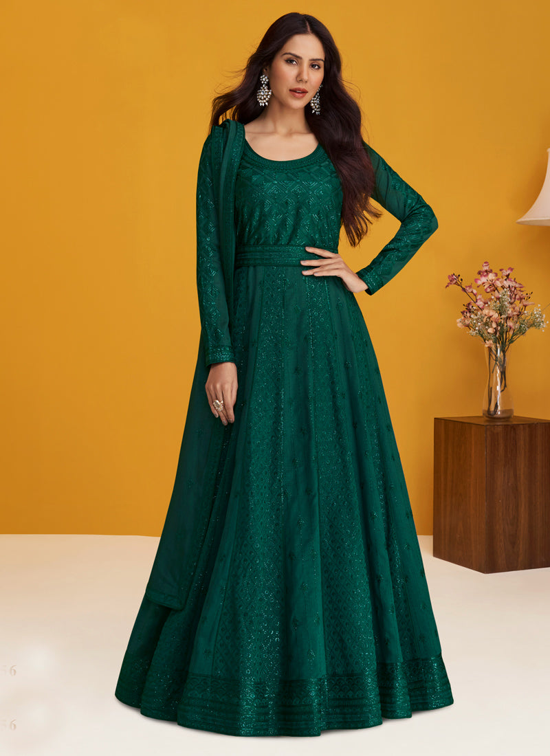 Green Readymade Silk Anarkali Suit