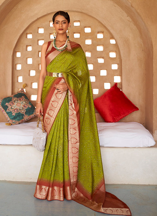Green Silk Bandhni Saree With Jacquard Border