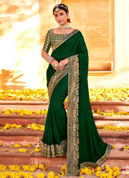 Green Silk Saree With Jacquard Lace Work