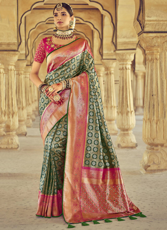 Green & Pink Patola Silk Saree