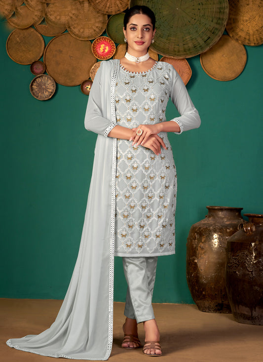 Gray Faux Georgette Salwar Kameez With Sequence ,Thread & Jari Embroidery Work