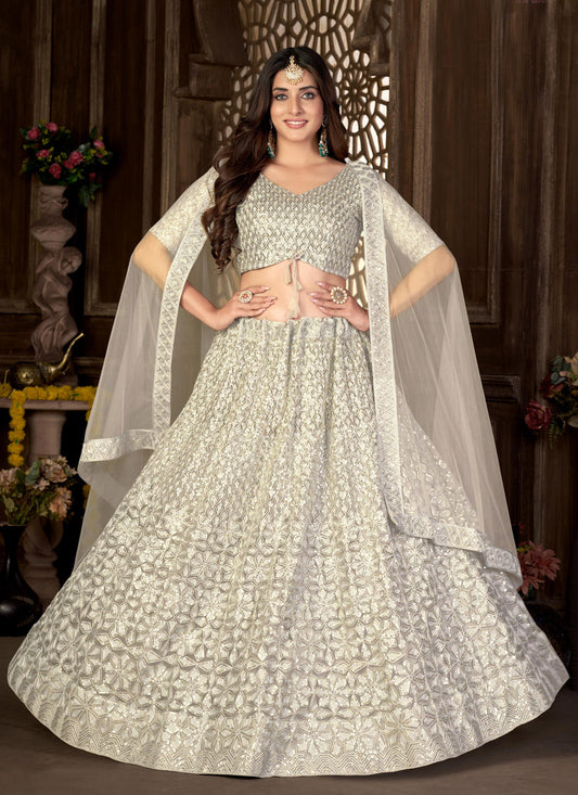 Light Gray Net Party Wear Lehenga Choli With Embroidered And Sequence Work