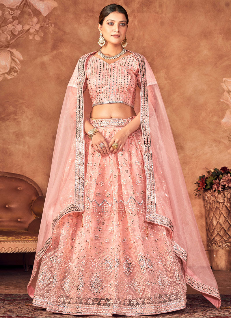 Light Pink Organza Lehenga Choli with Sequins Embroidered Work