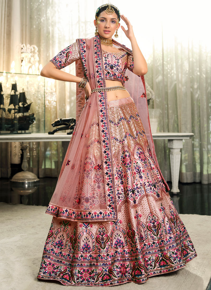 Light Pink Silk Bridal Lehenga Choli With Embroidery, Thread & Sequins Work