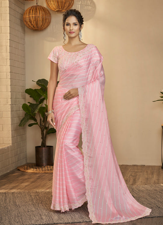 Pink Silk Saree With Sequins & Zari Work