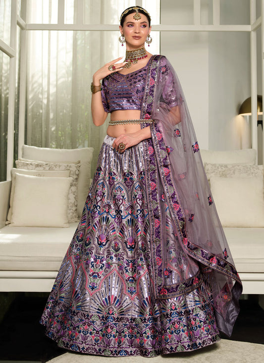 Purple Silk Bridal Lehenga Choli With Embroidery, Thread & Sequins Work