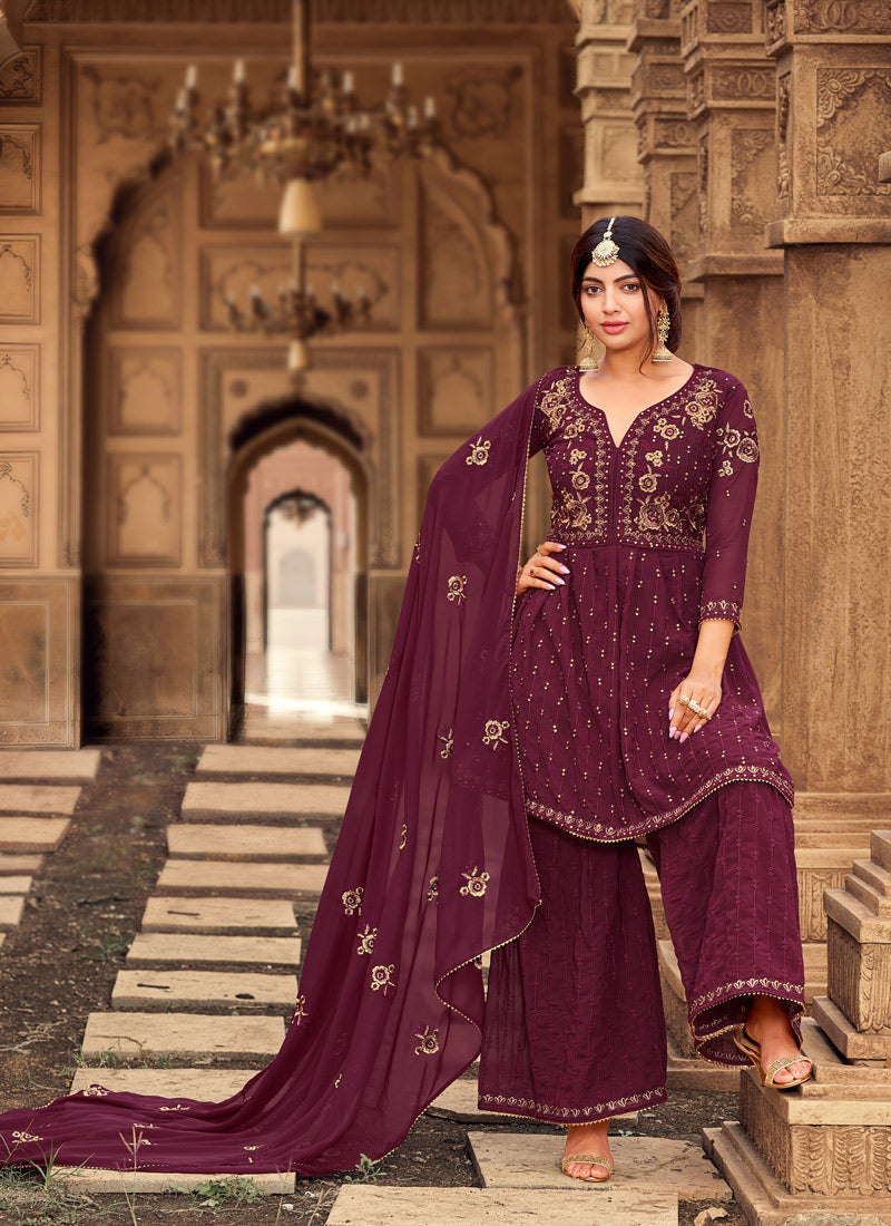 Magenta Sharara Suit With Embroidery Work