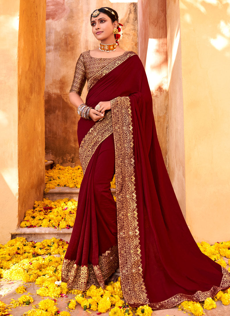 Maroon Silk Saree With Jacquard Lace Work