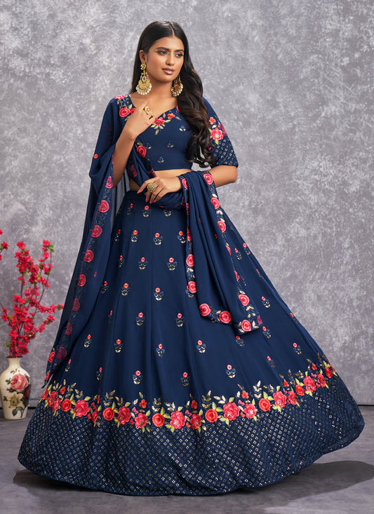 Navy Blue Georgette Lehenga Choli With Embroidery, Thread & Sequins Work