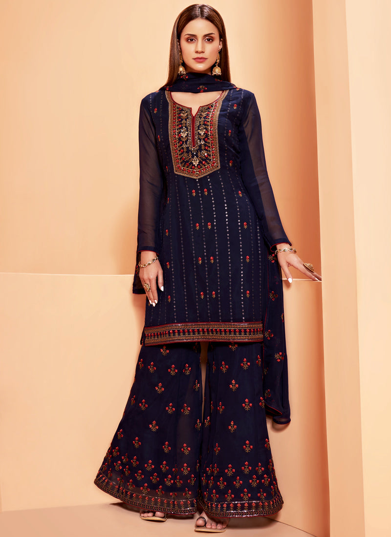 Navy Blue Sharara Suit with Thread & Sequins Embroidery