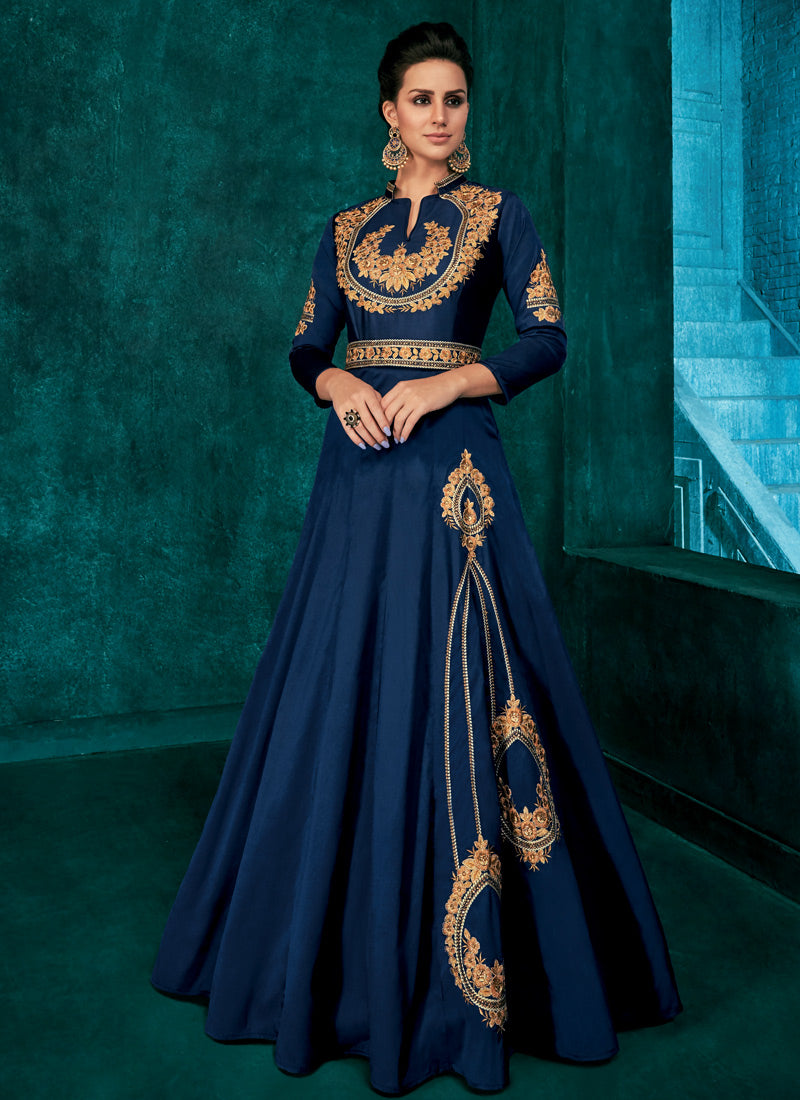 Navy Blue Silk Indo Western Gown