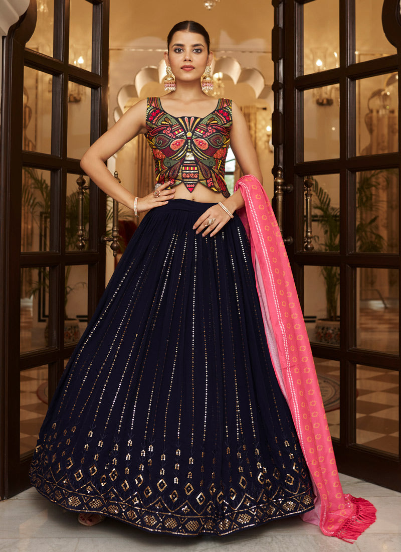 Navy Blue & Pink Bridesmaid Lehenga Choli with Thread & Sequins Work