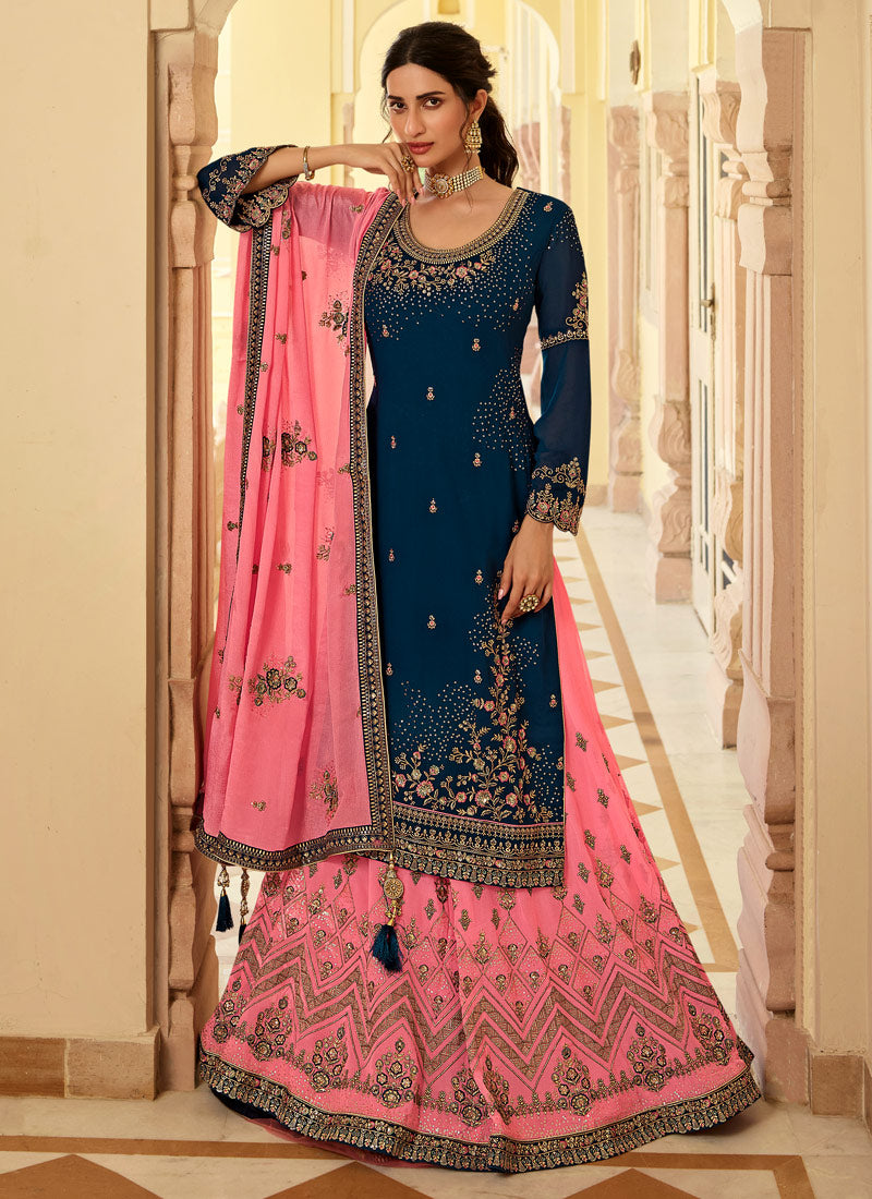 Navy Blue & Pink Georgette Lehenga Choli With Embroidery Work