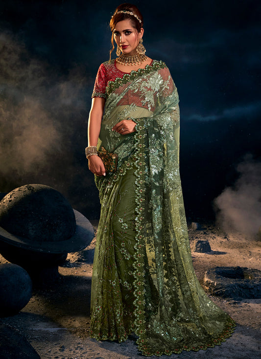 Olive Green Net Saree With Heavy Embroidery with Sequins, Thread & Zari Work