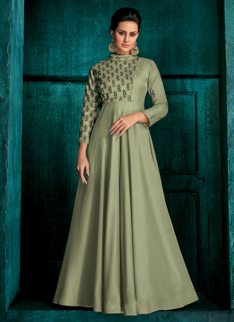 Olive Green Silk Indo Western Gown