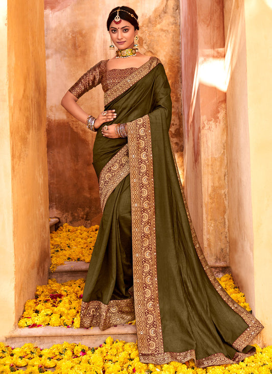 Olive Green Silk Saree With Jacquard Lace Work