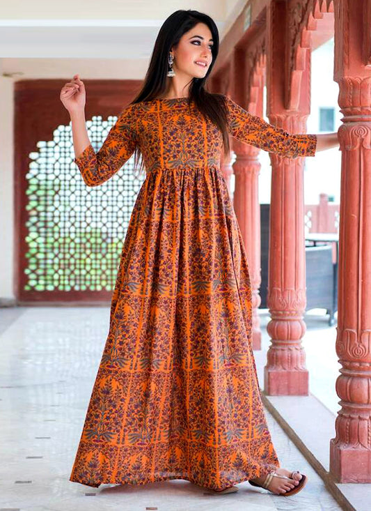Orange Muslin Indo Western Gown With Digital Print
