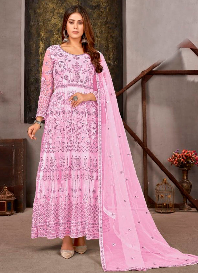 Pink Anarkali Suit With Sequence Embroidery And Diamonds Work