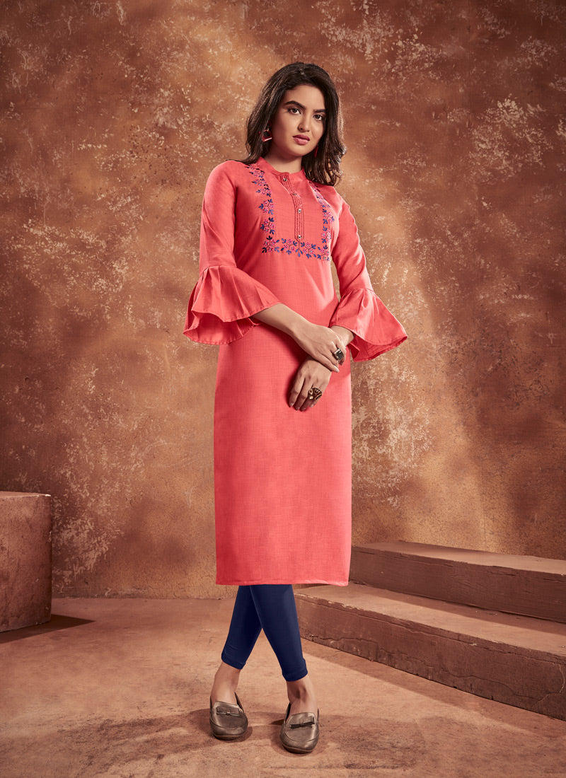 Peach Cotton Kurti With Heavy Embroidery Work