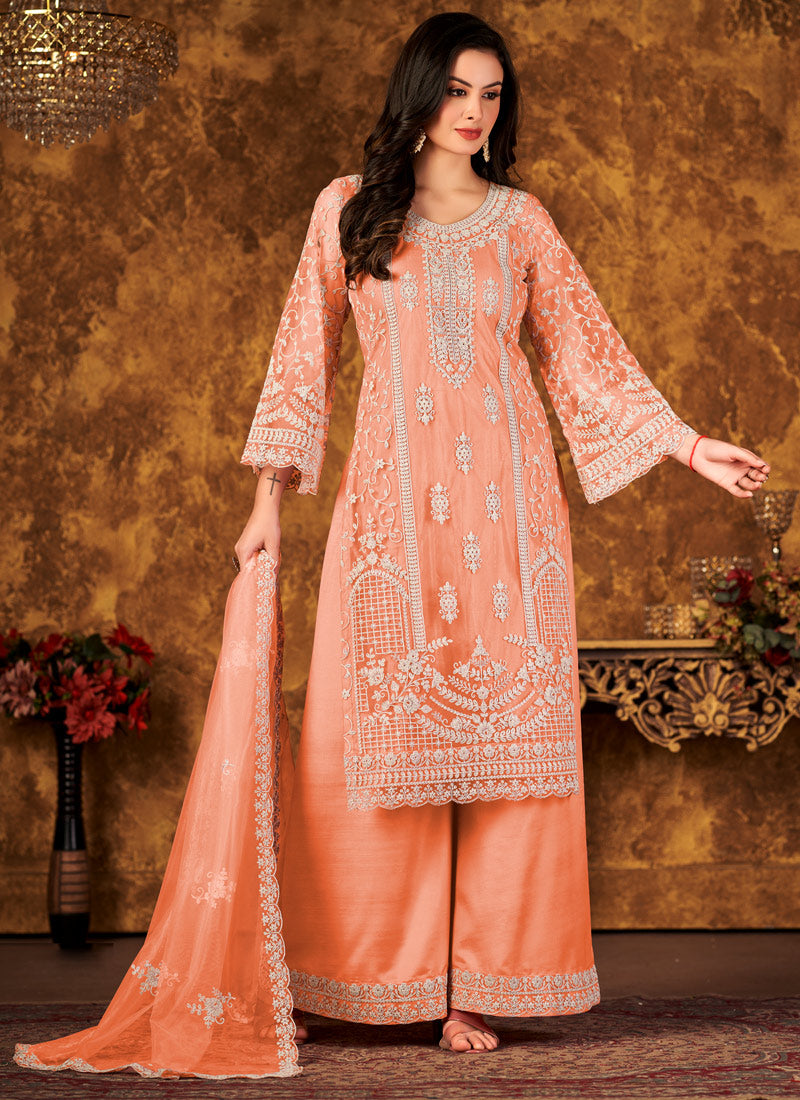 Peach Net Palazzo Suit With Lace Work