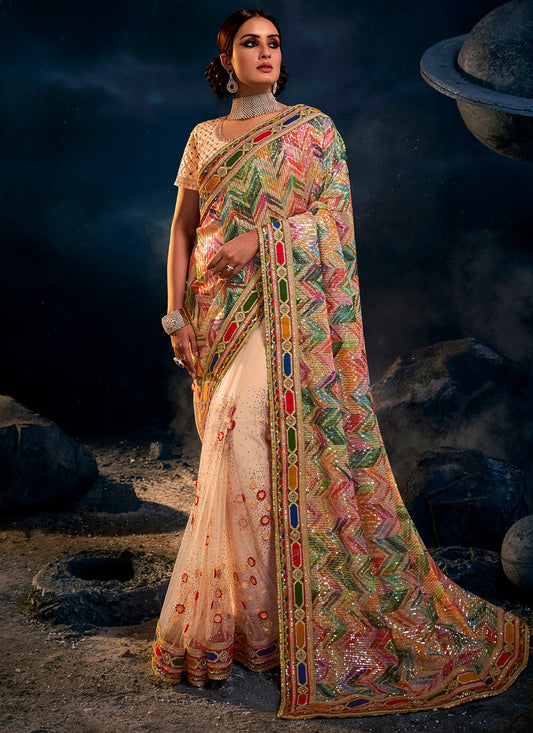Peach Net Saree With Heavy Embroidery with Sequins, Thread & Zari Work