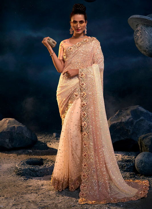 Peach Net Saree With Heavy Embroidery with Sequins, Thread & Zari Work