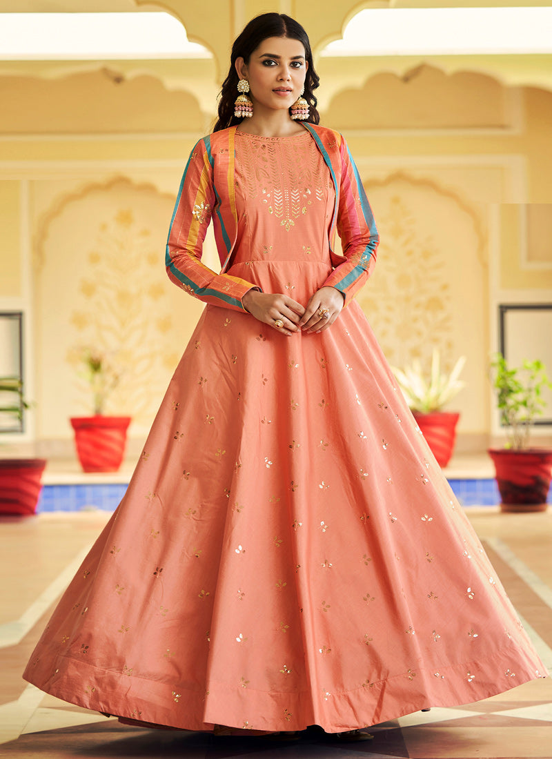 Peach Sequince Embroidered Work Anarkali Gown
