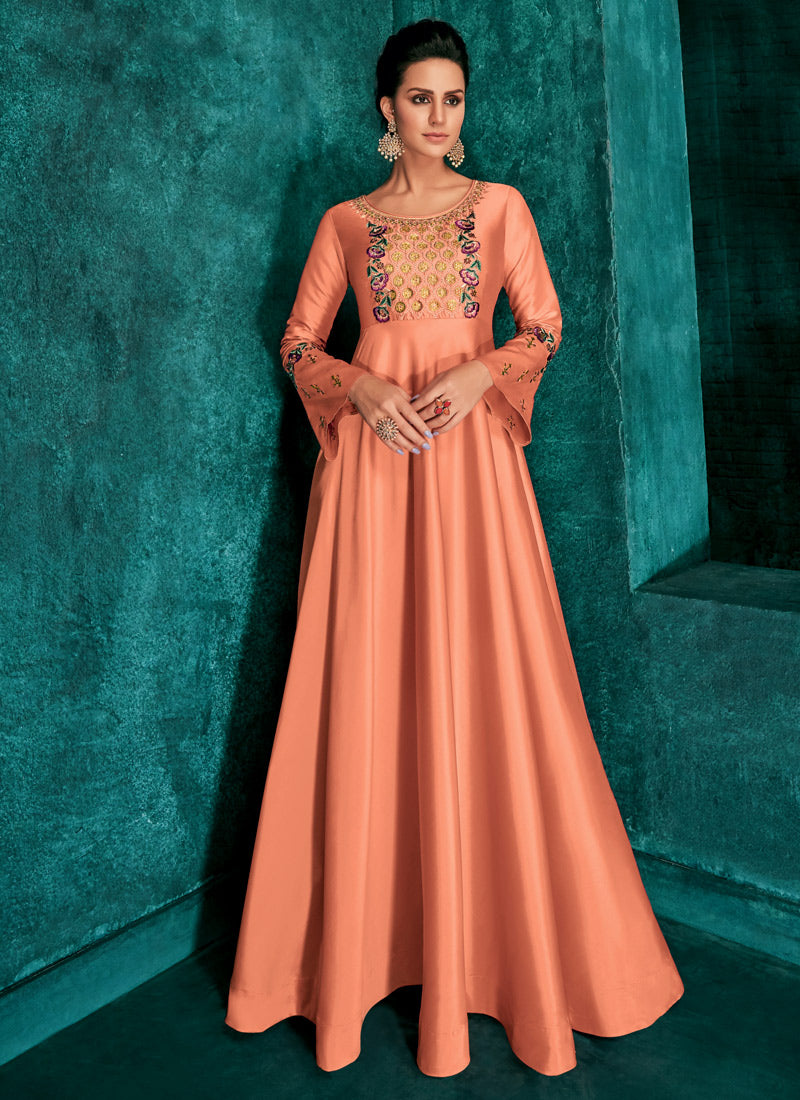 Peach Silk Indo Western Gown