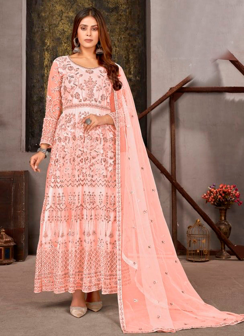 Peach Anarkali Suit With Sequence Embroidery And Diamonds Work