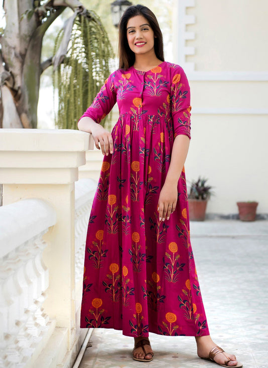 Pink Muslin Indo Western Gown With Digital Print