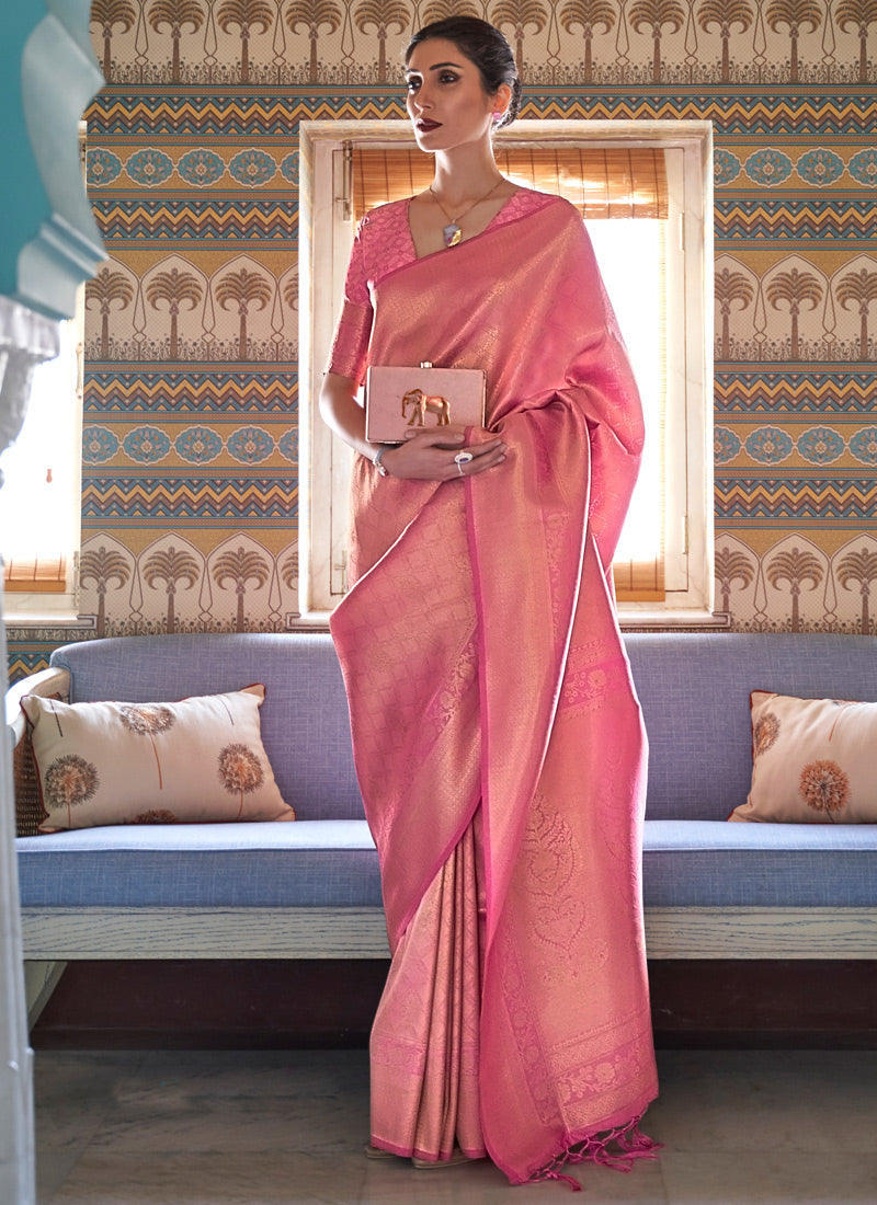 Pink Handloom Weaving Silk Saree