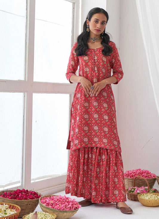 Pink Muslin Palazzo Suit With Print Work