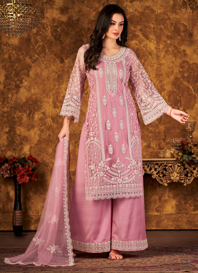 Pink Net Palazzo Suit With Lace Work